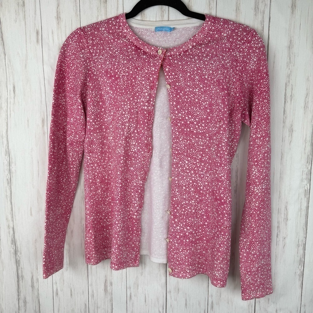 J. McLaughlin pink and white spotted cardigan sweater XS